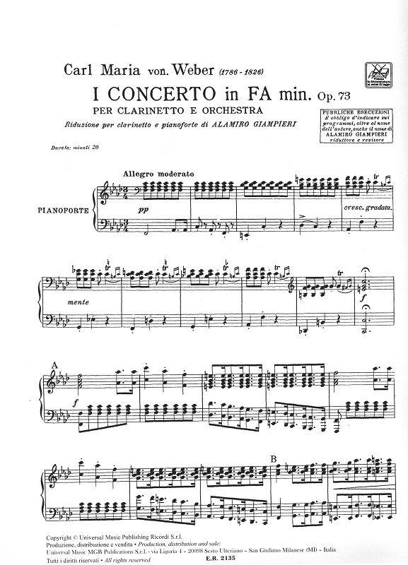 Concerto n. 1 in Fa min. Op. 73 - Per Clarinetto E Orchestra - Riduzione Per Clarinetto E Pianoforte - klarinet a klavír